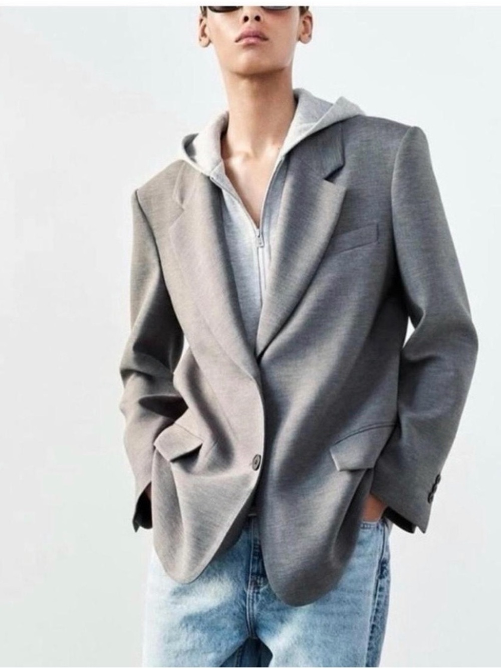 NWT Zara Gray Blazer with attached hoodie Size L
